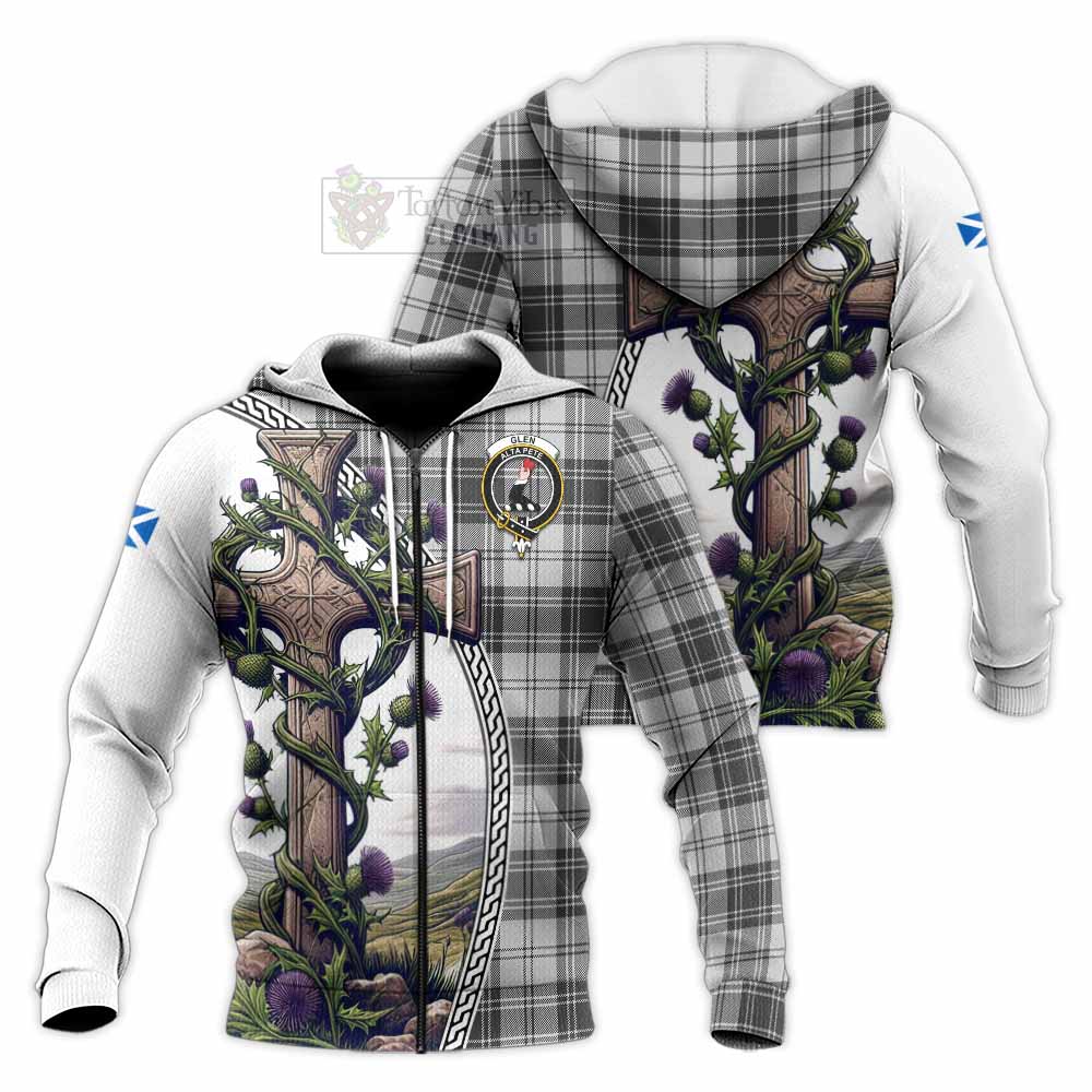 Tartan Vibes Clothing Glen Tartan Knitted Hoodie with Family Crest and St. Andrew's Cross Accented by Thistle Vines