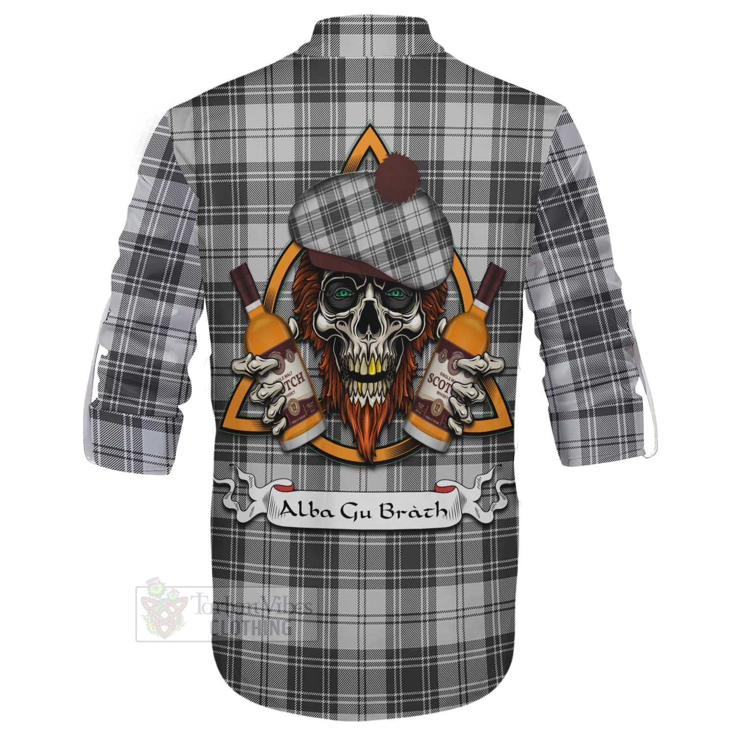 Tartan Vibes Clothing Glen Tartan Ghillie Kilt Shirt with Family Crest and Bearded Skull Holding Bottles of Whiskey