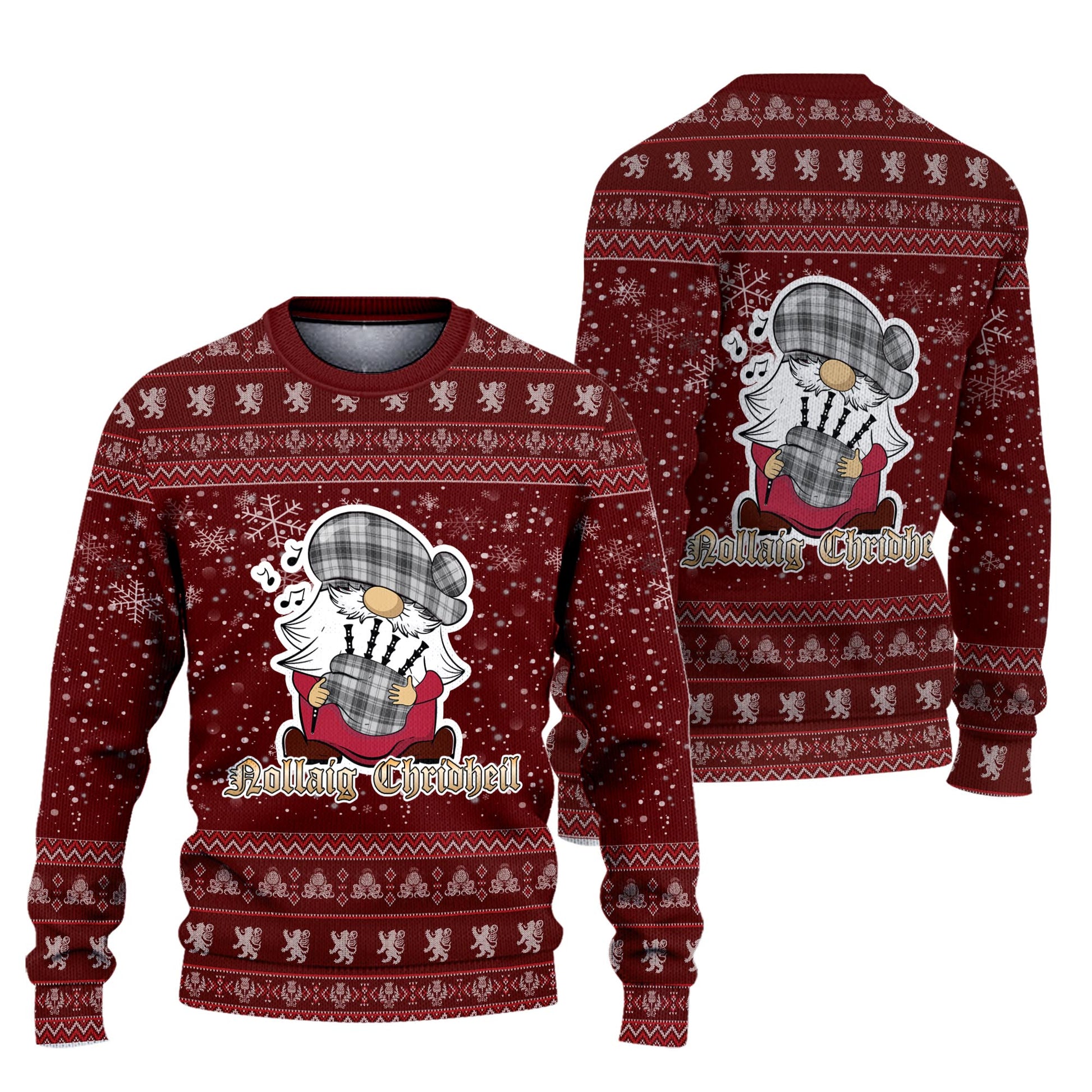 Glen Clan Christmas Family Knitted Sweater with Funny Gnome Playing Bagpipes Unisex Red - Tartanvibesclothing