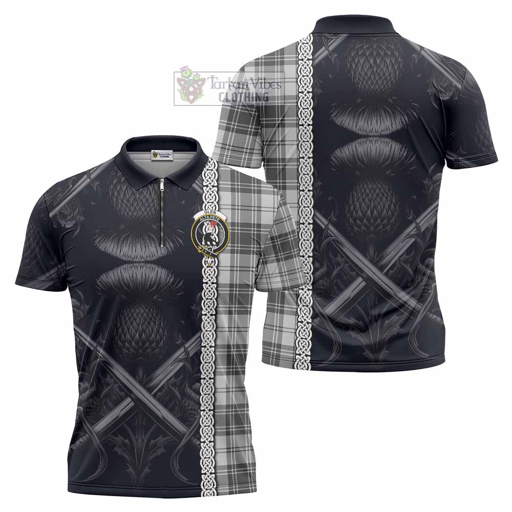 Tartan Vibes Clothing Glen Tartan Zipper Polo Shirt with Family Crest Cross Sword Thistle Celtic Vibes