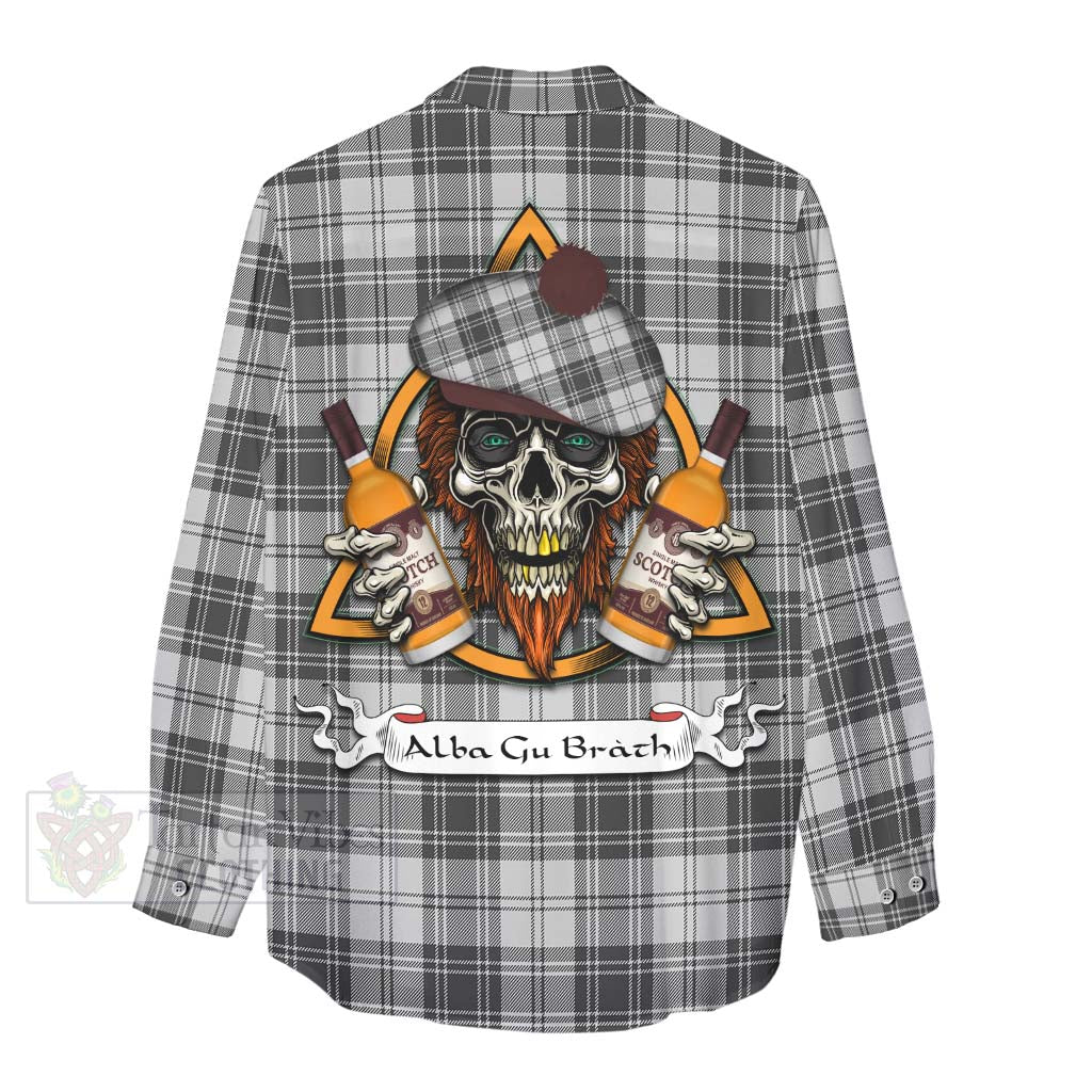 Tartan Vibes Clothing Glen Tartan Women's Casual Shirt with Family Crest and Bearded Skull Holding Bottles of Whiskey