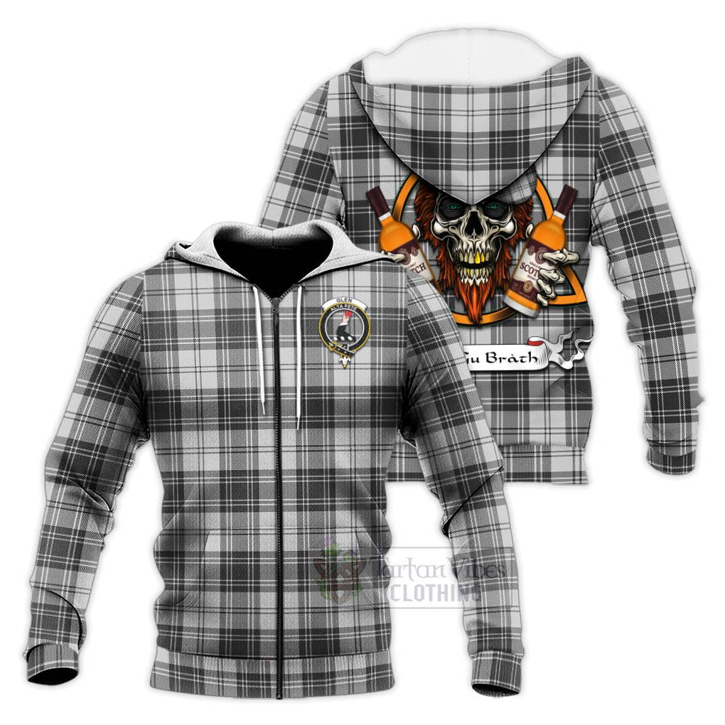 Tartan Vibes Clothing Glen Tartan Knitted Hoodie with Family Crest and Bearded Skull Holding Bottles of Whiskey