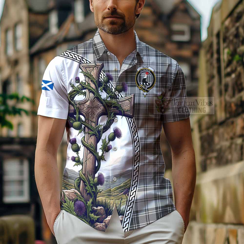 Tartan Vibes Clothing Glen Tartan Short Sleeve Button Shirt with Family Crest and St. Andrew's Cross Accented by Thistle Vines