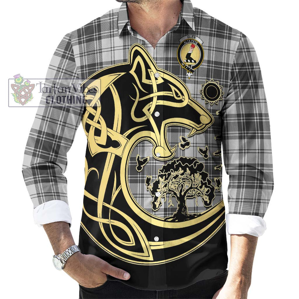 Glen Tartan Long Sleeve Button Shirt with Family Crest Celtic Wolf Style - Tartan Vibes Clothing