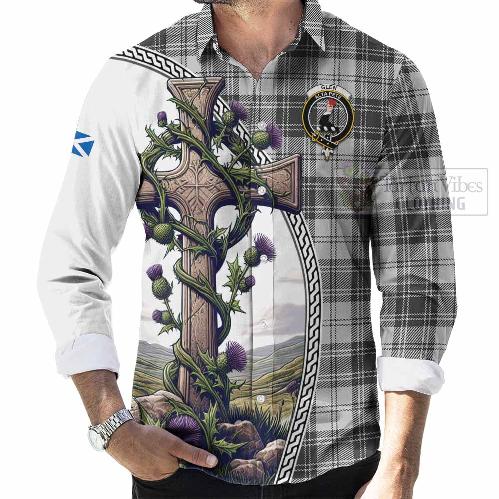 Tartan Vibes Clothing Glen Tartan Long Sleeve Button Shirt with Family Crest and St. Andrew's Cross Accented by Thistle Vines