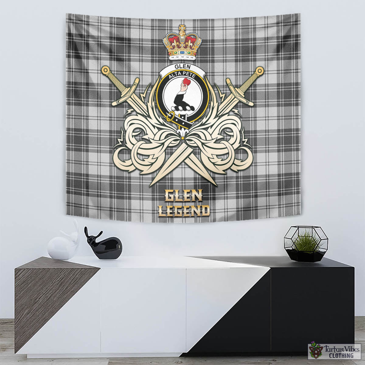 Tartan Vibes Clothing Glen Tartan Tapestry with Clan Crest and the Golden Sword of Courageous Legacy