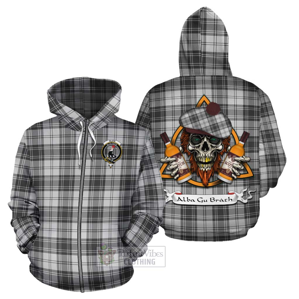 Tartan Vibes Clothing Glen Tartan Cotton Hoodie with Family Crest and Bearded Skull Holding Bottles of Whiskey