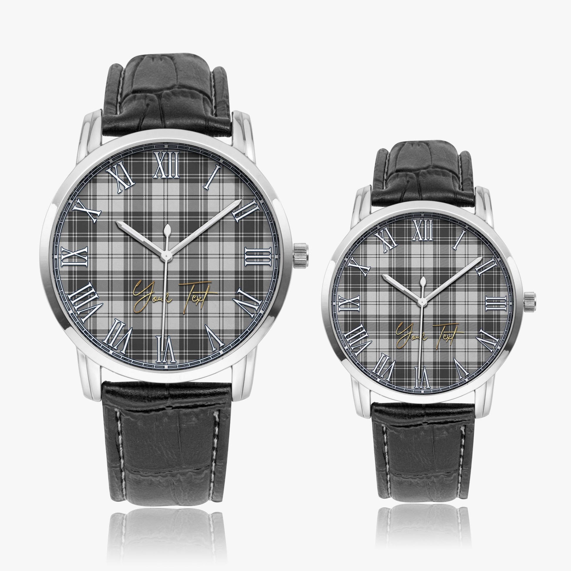 Glen Tartan Personalized Your Text Leather Trap Quartz Watch Wide Type Silver Case With Black Leather Strap - Tartanvibesclothing
