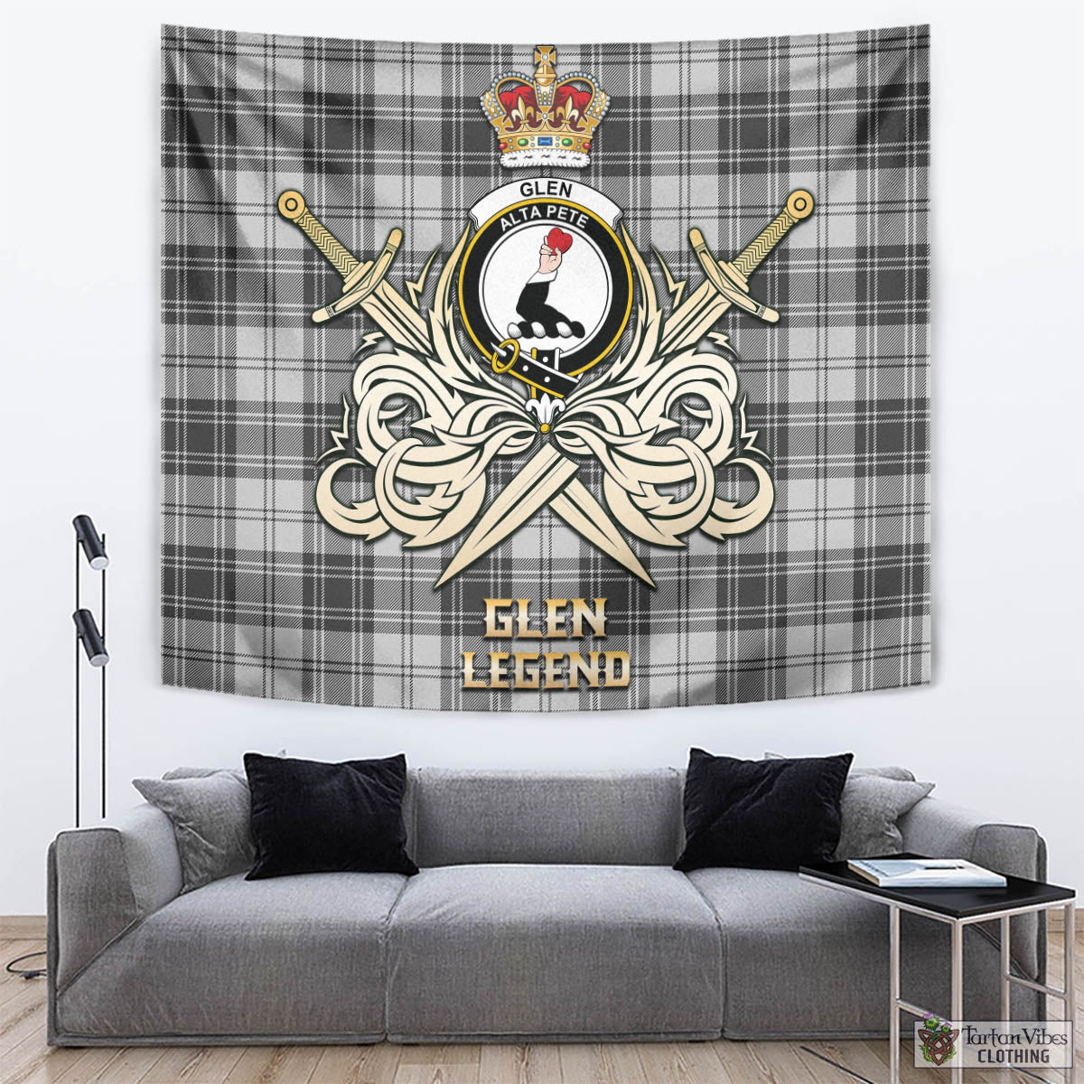 Tartan Vibes Clothing Glen Tartan Tapestry with Clan Crest and the Golden Sword of Courageous Legacy