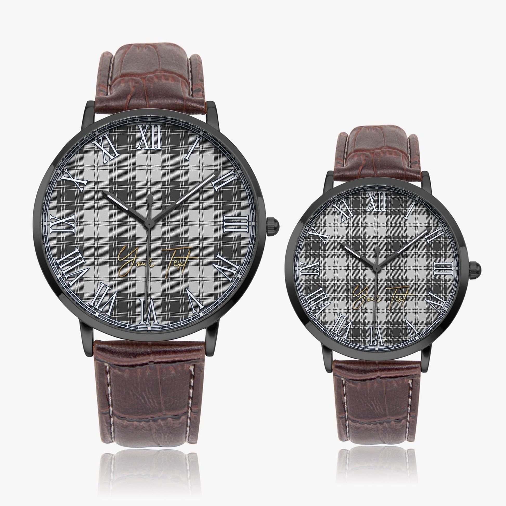 Glen Tartan Personalized Your Text Leather Trap Quartz Watch Ultra Thin Black Case With Brown Leather Strap - Tartanvibesclothing