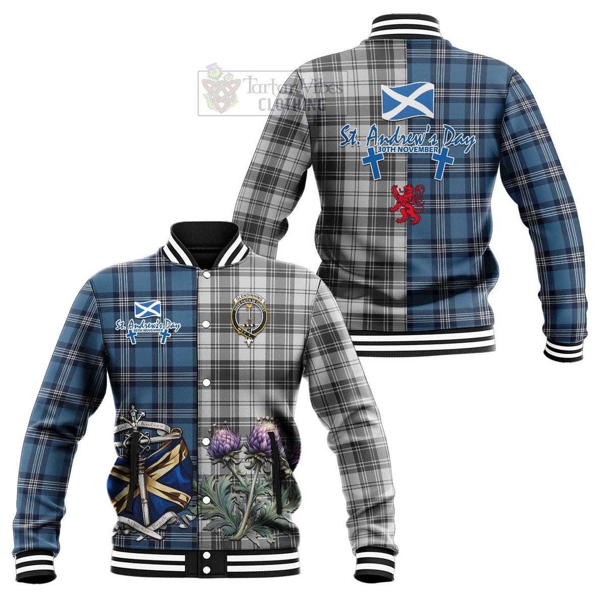 Glendinning Tartan Baseball Jacket Happy St. Andrew's Day Half Tartan Style Unisex - Tartan Vibes Clothing