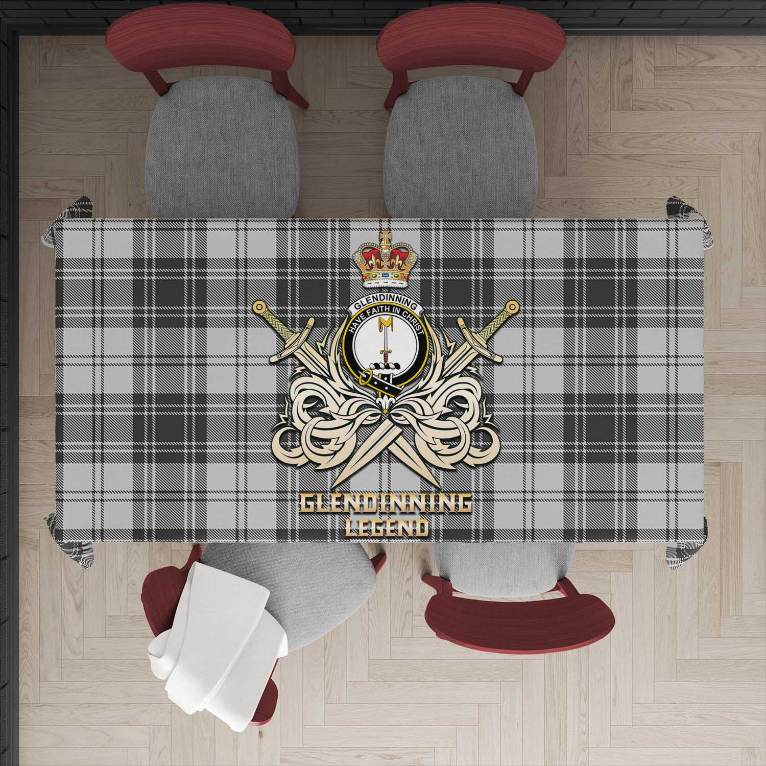 Tartan Vibes Clothing Glendinning Tartan Tablecloth with Clan Crest and the Golden Sword of Courageous Legacy