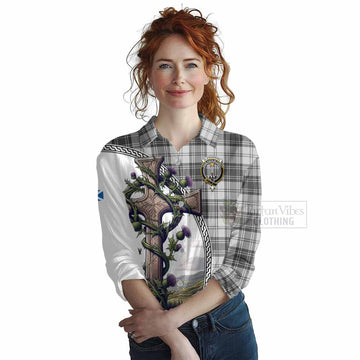 Glendinning Tartan Women's Casual Shirt with Family Crest and St. Andrew's Cross Accented by Thistle Vines Female - Tartan Vibes Clothing