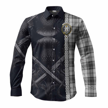 Glendinning Tartan Long Sleeve Button Shirt with Family Crest Cross Sword Thistle Celtic Vibes Men's Shirt S - Tartan Vibes Clothing