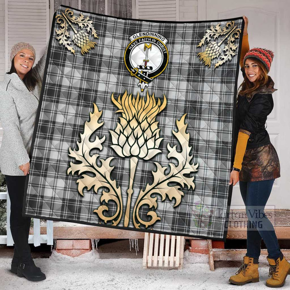 Tartan Vibes Clothing Glendinning Tartan Quilt with Family Crest and Golden Thistle Style