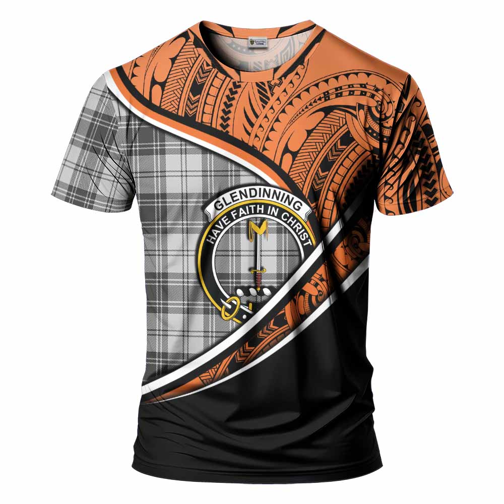 Tartan Vibes Clothing Glendinning Crest Tartan T-Shirt with Maori Tattoo Style - Orange Version