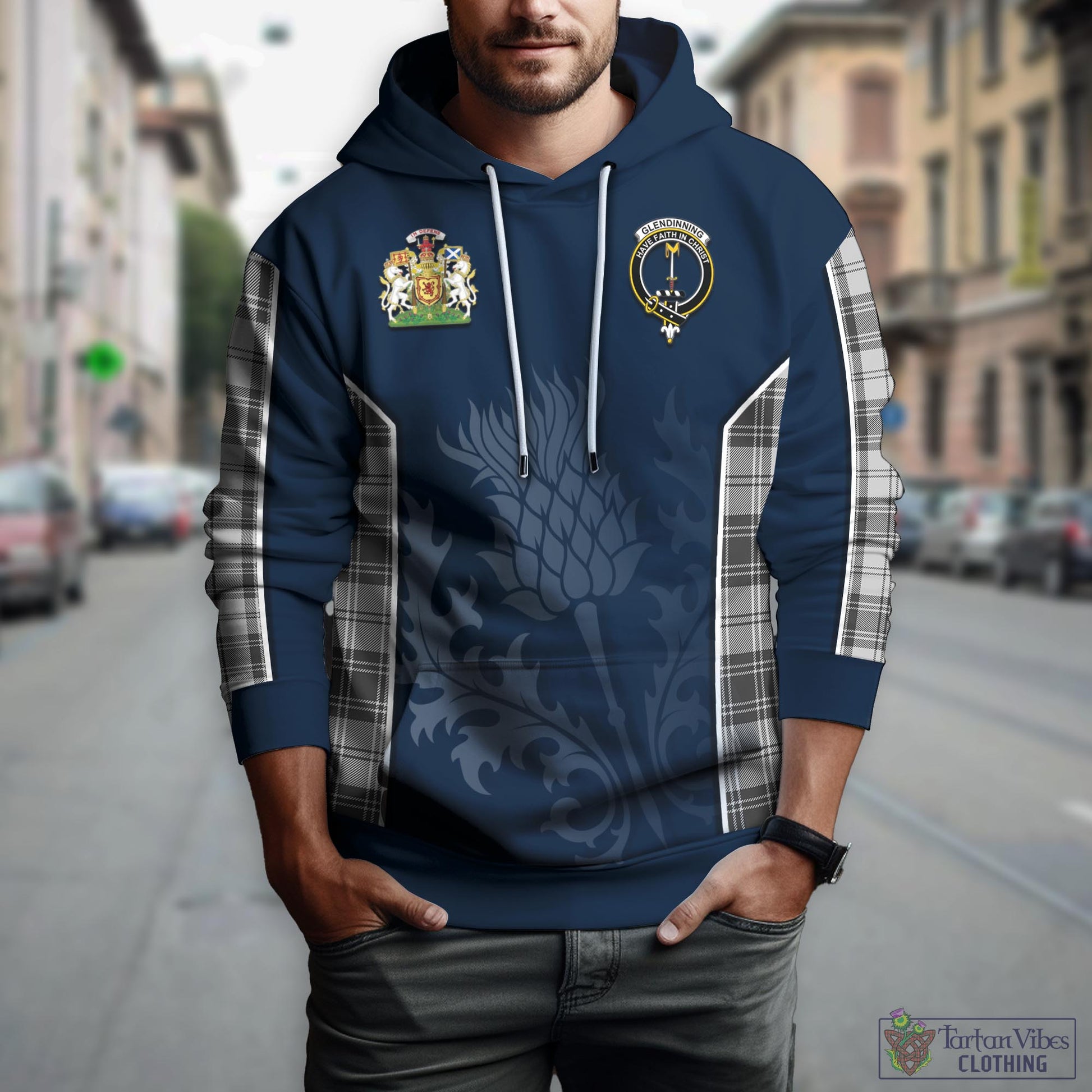 Tartan Vibes Clothing Glendinning Tartan Hoodie with Family Crest and Scottish Thistle Vibes Sport Style