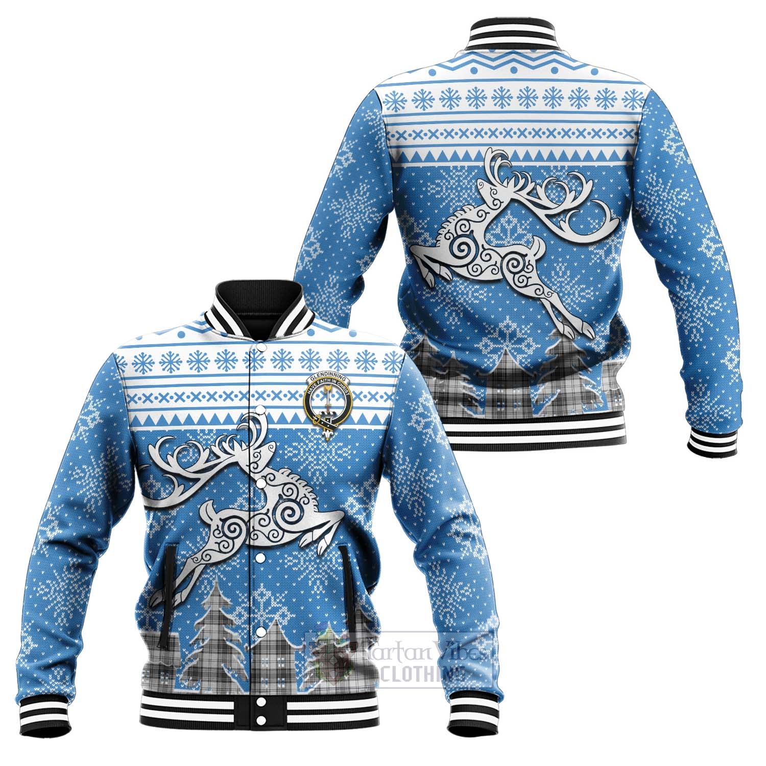 Tartan Vibes Clothing Glendinning Clan Christmas Baseball Jacket Celtic Reindeer Style