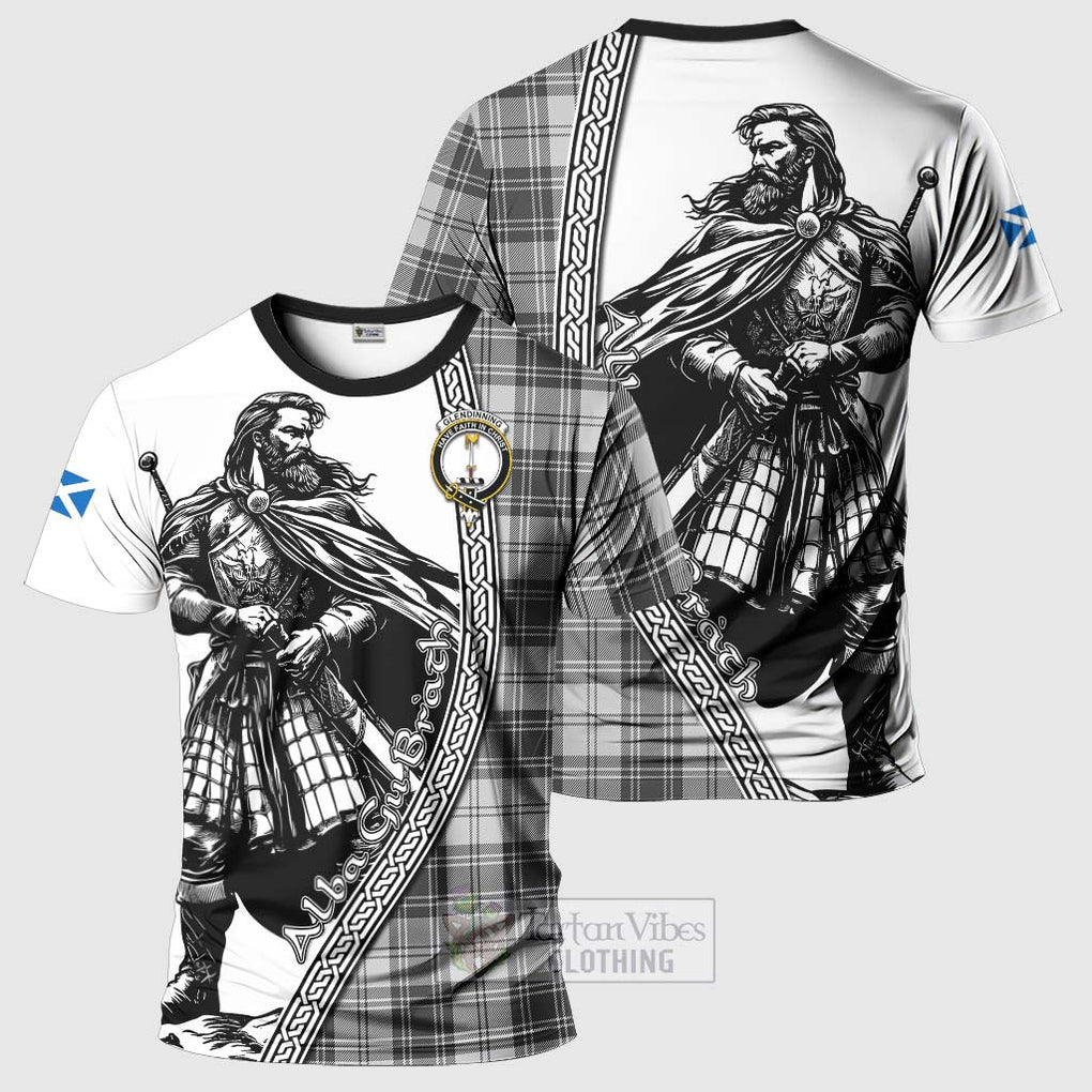 Tartan Vibes Clothing Glendinning Tartan Clan Crest T-Shirt with Highlander Warrior Celtic Style