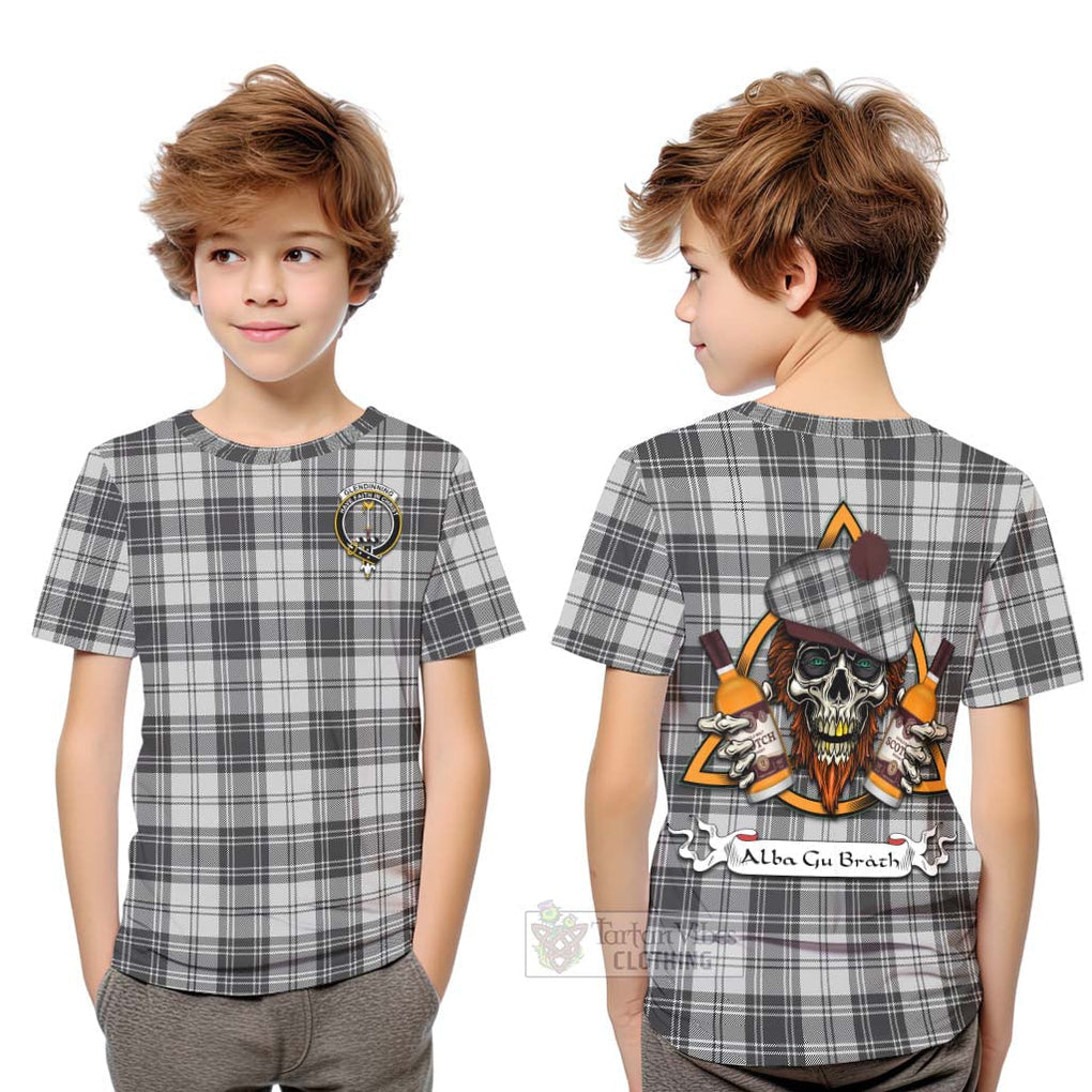 Tartan Vibes Clothing Glendinning Tartan Kid T-Shirt with Family Crest and Bearded Skull Holding Bottles of Whiskey