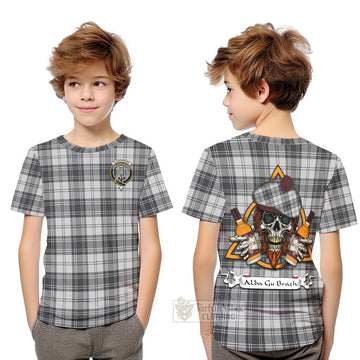 Glendinning Tartan Kid T-Shirt with Family Crest and Bearded Skull Holding Bottles of Whiskey