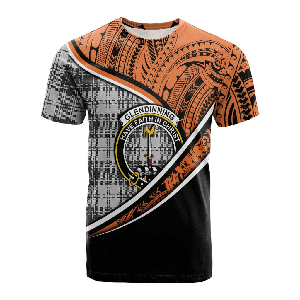 Tartan Vibes Clothing Glendinning Crest Tartan Cotton T-shirt with Maori Tattoo Style - Orange Version