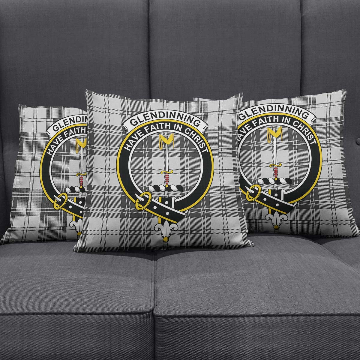 Glendinning Tartan Pillow Cover with Family Crest Square Pillow Cover - Tartanvibesclothing