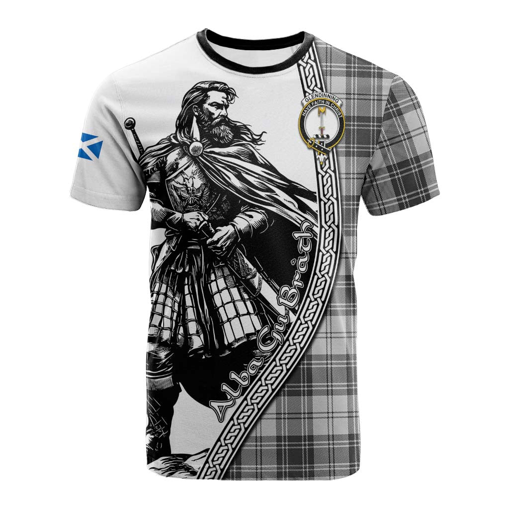 Glendinning Tartan Clan Crest Cotton T-shirt with Highlander Warrior Celtic Style