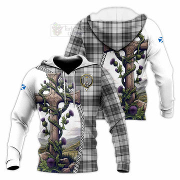 Glendinning Tartan Knitted Hoodie with Family Crest and St. Andrew's Cross Accented by Thistle Vines