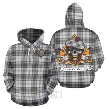 Glendinning Tartan Hoodie with Family Crest and Bearded Skull Holding Bottles of Whiskey