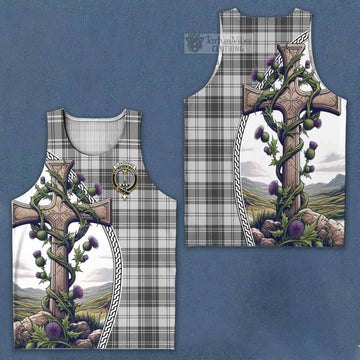 Glendinning Tartan Men's Tank Top with Family Crest and St. Andrew's Cross Accented by Thistle Vines