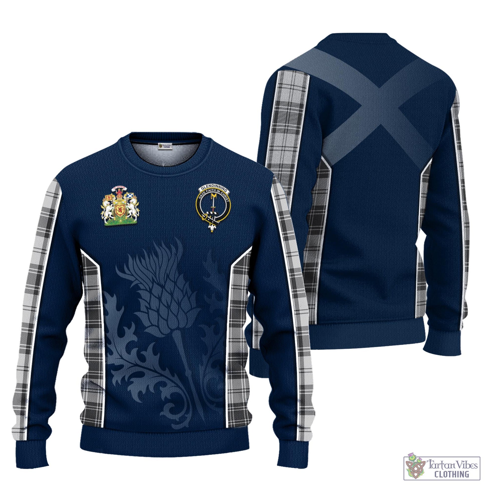 Tartan Vibes Clothing Glendinning Tartan Knitted Sweatshirt with Family Crest and Scottish Thistle Vibes Sport Style