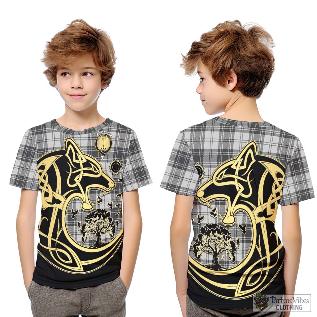 Tartan Vibes Clothing Glendinning Tartan Kid T-Shirt with Family Crest Celtic Wolf Style
