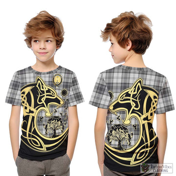 Glendinning Tartan Kid T-Shirt with Family Crest Celtic Wolf Style