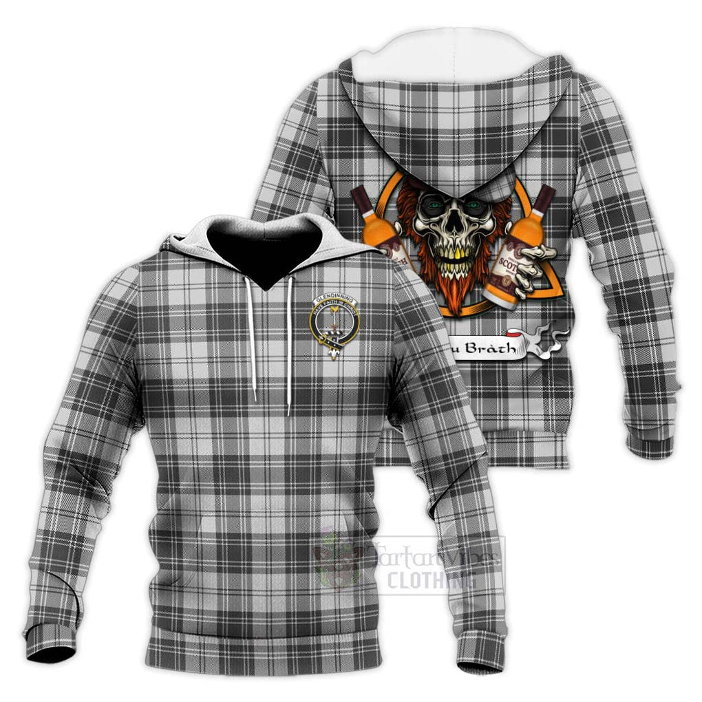 Tartan Vibes Clothing Glendinning Tartan Knitted Hoodie with Family Crest and Bearded Skull Holding Bottles of Whiskey