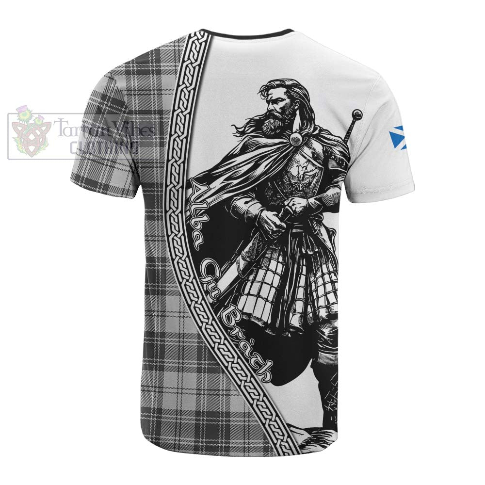 Glendinning Tartan Clan Crest Cotton T-shirt with Highlander Warrior Celtic Style