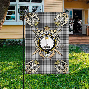 Glendinning Tartan Flag with Family Crest and Golden Thistle Crossed Sword Design