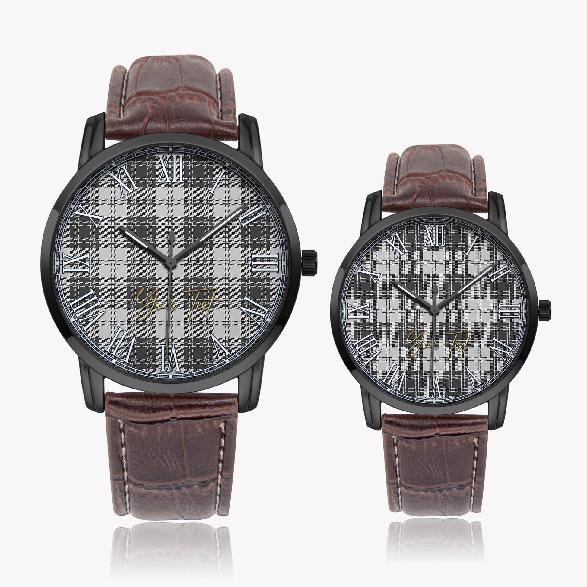 Glendinning Tartan Personalized Your Text Leather Trap Quartz Watch Wide Type Black Case With Brown Leather Strap - Tartanvibesclothing