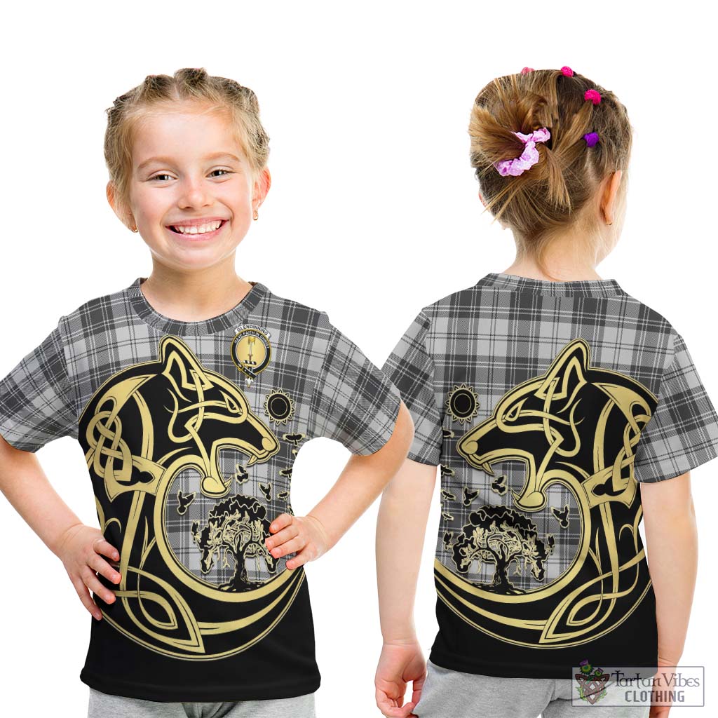 Tartan Vibes Clothing Glendinning Tartan Kid T-Shirt with Family Crest Celtic Wolf Style