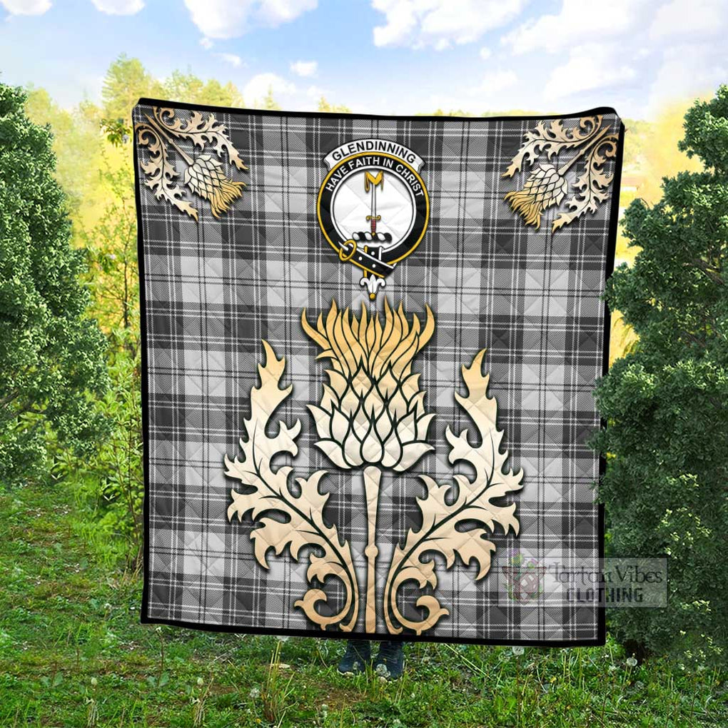 Tartan Vibes Clothing Glendinning Tartan Quilt with Family Crest and Golden Thistle Style