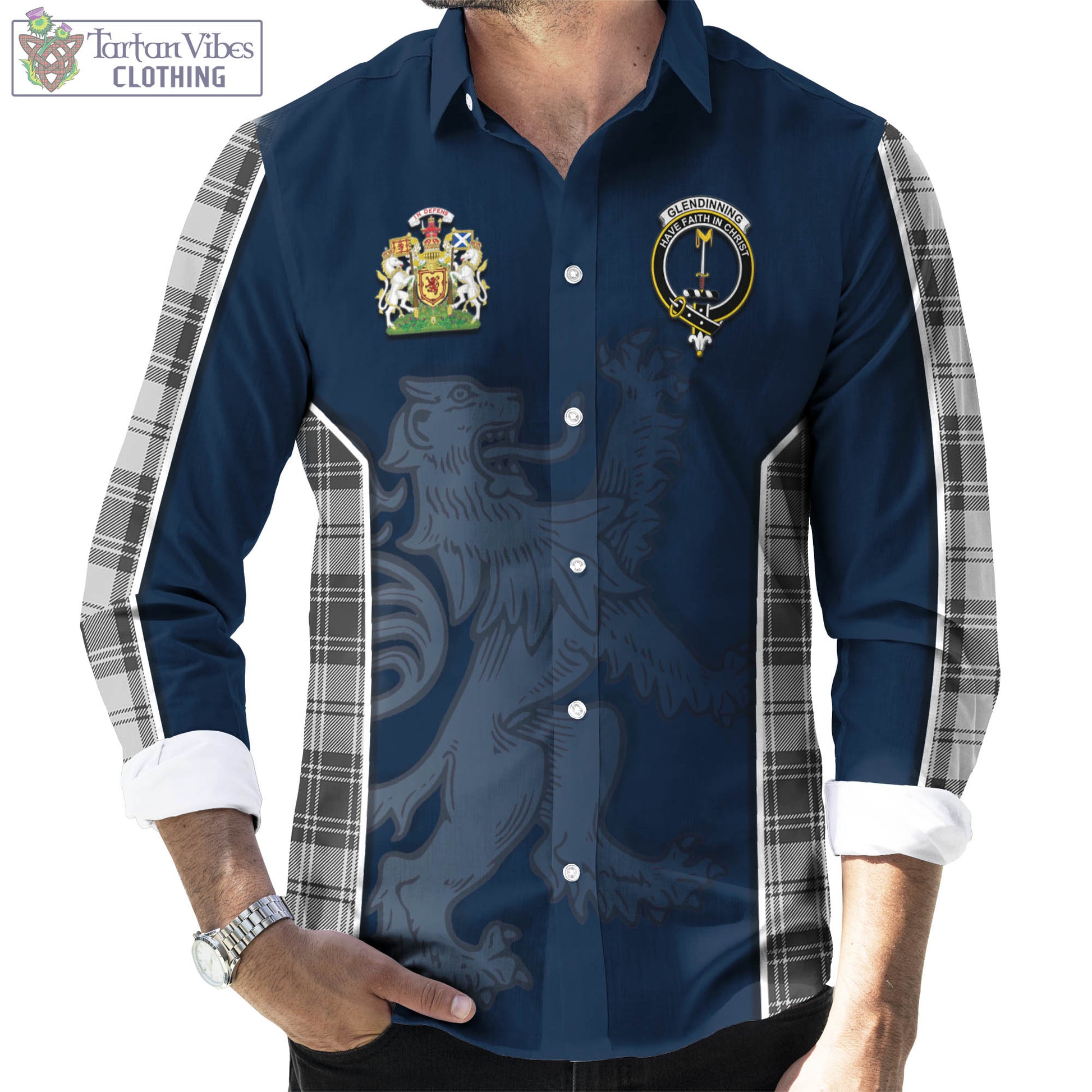 Tartan Vibes Clothing Glendinning Tartan Long Sleeve Button Up Shirt with Family Crest and Lion Rampant Vibes Sport Style