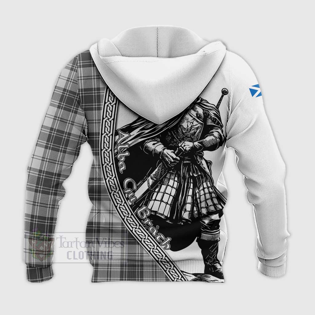 Tartan Vibes Clothing Glendinning Tartan Clan Crest Knitted Hoodie with Highlander Warrior Celtic Style