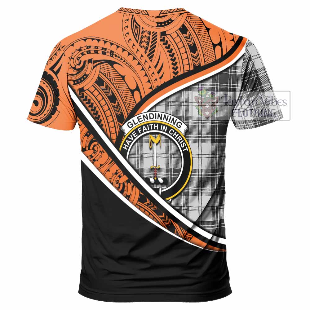 Tartan Vibes Clothing Glendinning Crest Tartan T-Shirt with Maori Tattoo Style - Orange Version