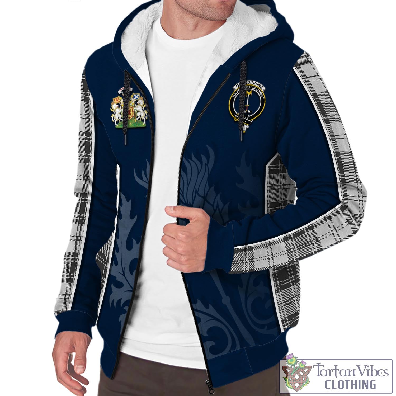 Tartan Vibes Clothing Glendinning Tartan Sherpa Hoodie with Family Crest and Scottish Thistle Vibes Sport Style