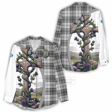 Glendinning Tartan Women's Casual Shirt with Family Crest and St. Andrew's Cross Accented by Thistle Vines - Tartan Vibes Clothing