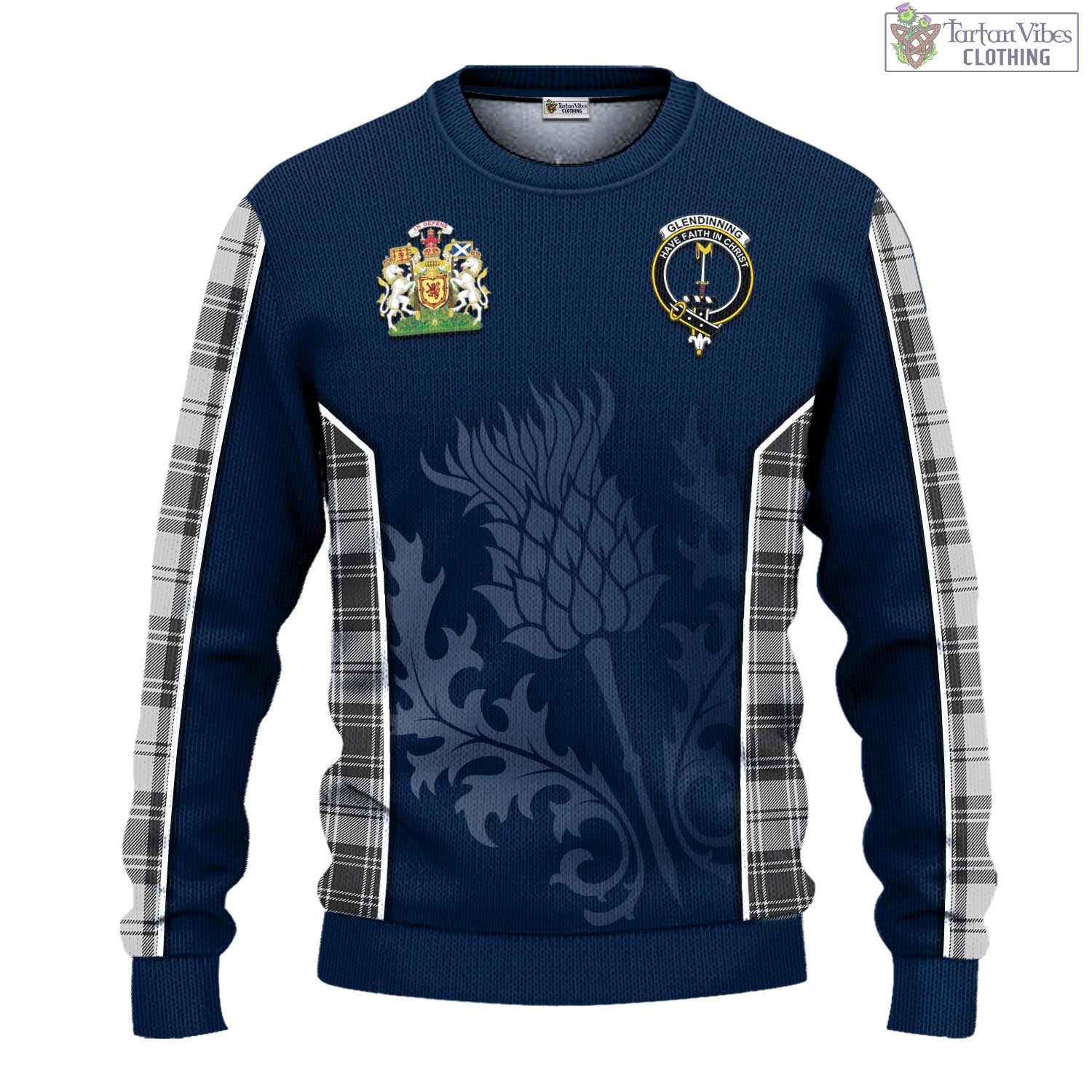 Tartan Vibes Clothing Glendinning Tartan Knitted Sweatshirt with Family Crest and Scottish Thistle Vibes Sport Style