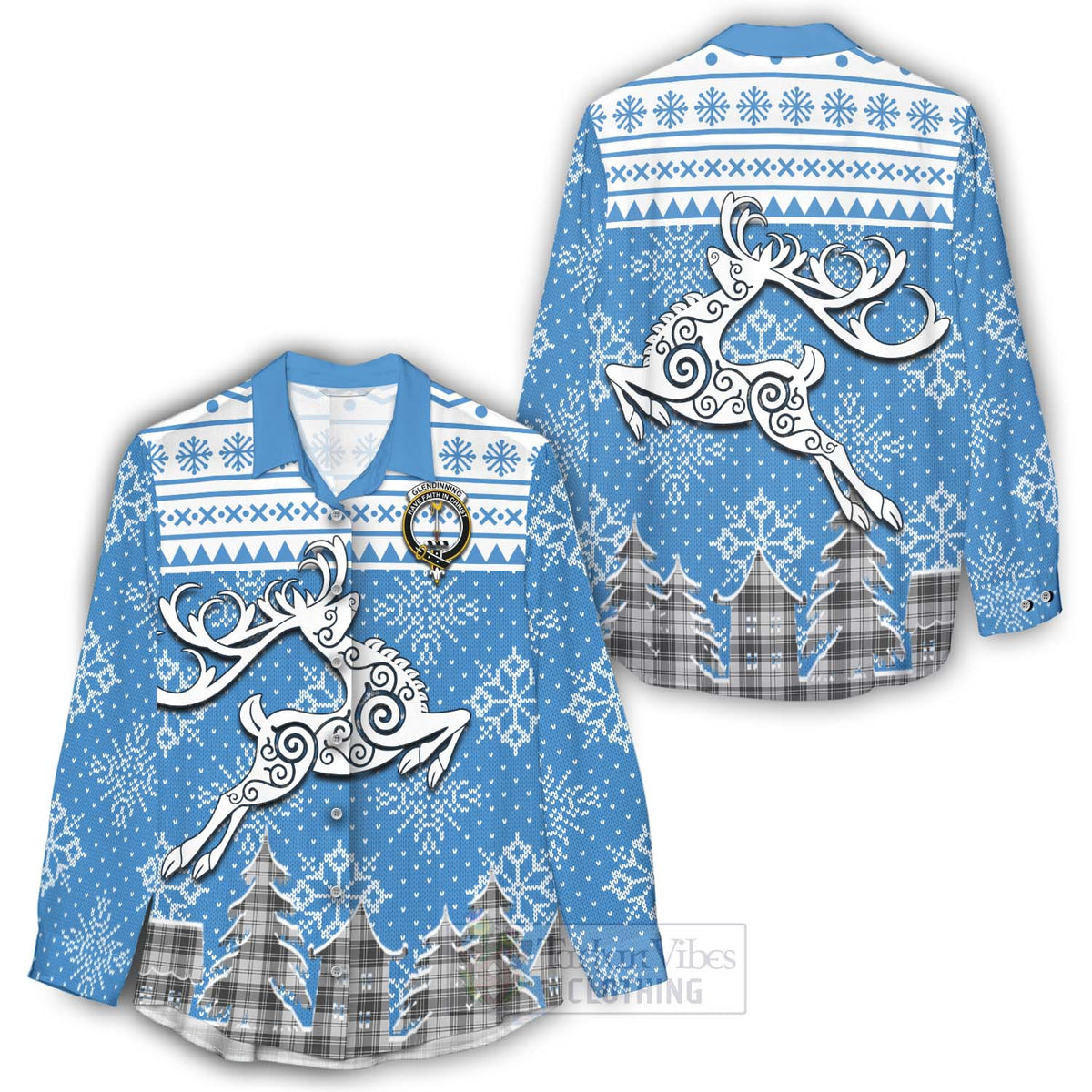 Glendinning Clan Christmas Women's Casual Shirt Celtic Reindeer Style - Tartan Vibes Clothing