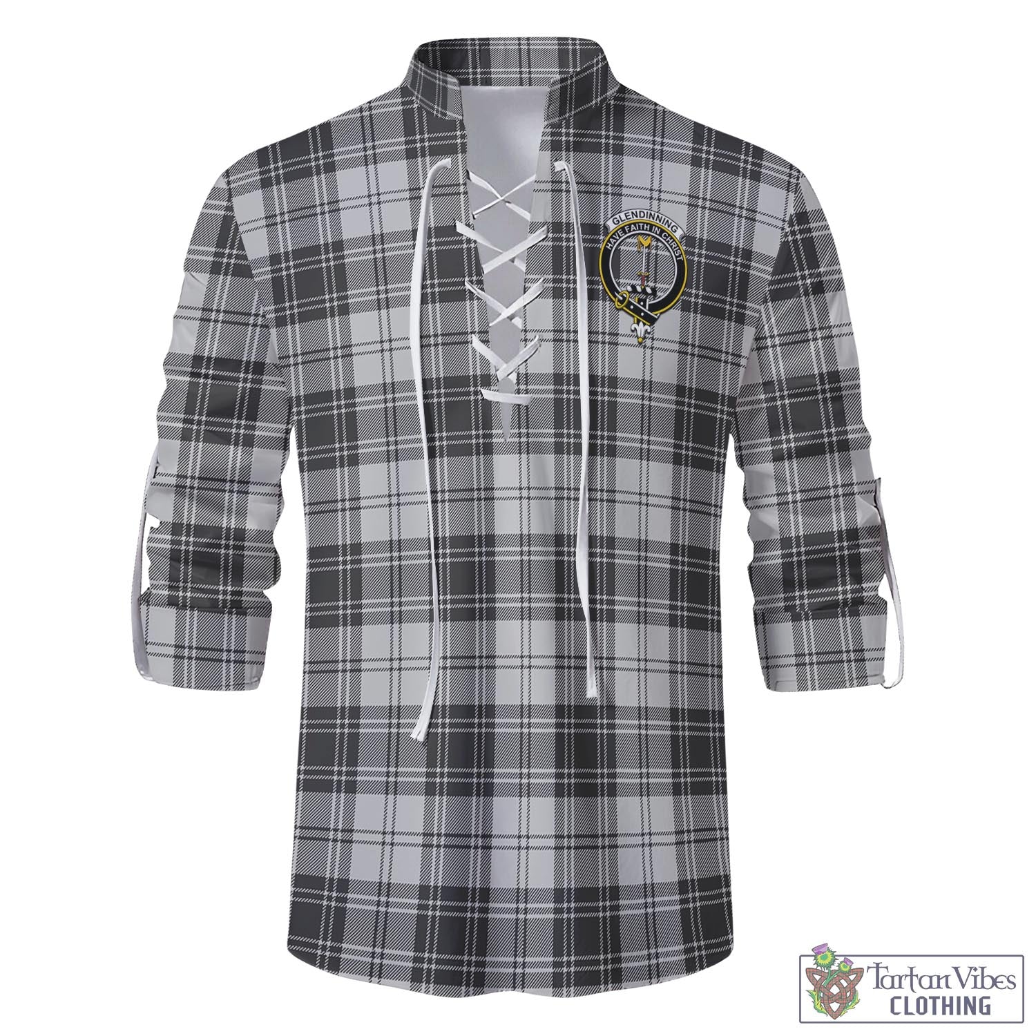 Tartan Vibes Clothing Glendinning Tartan Men's Scottish Traditional Jacobite Ghillie Kilt Shirt with Family Crest