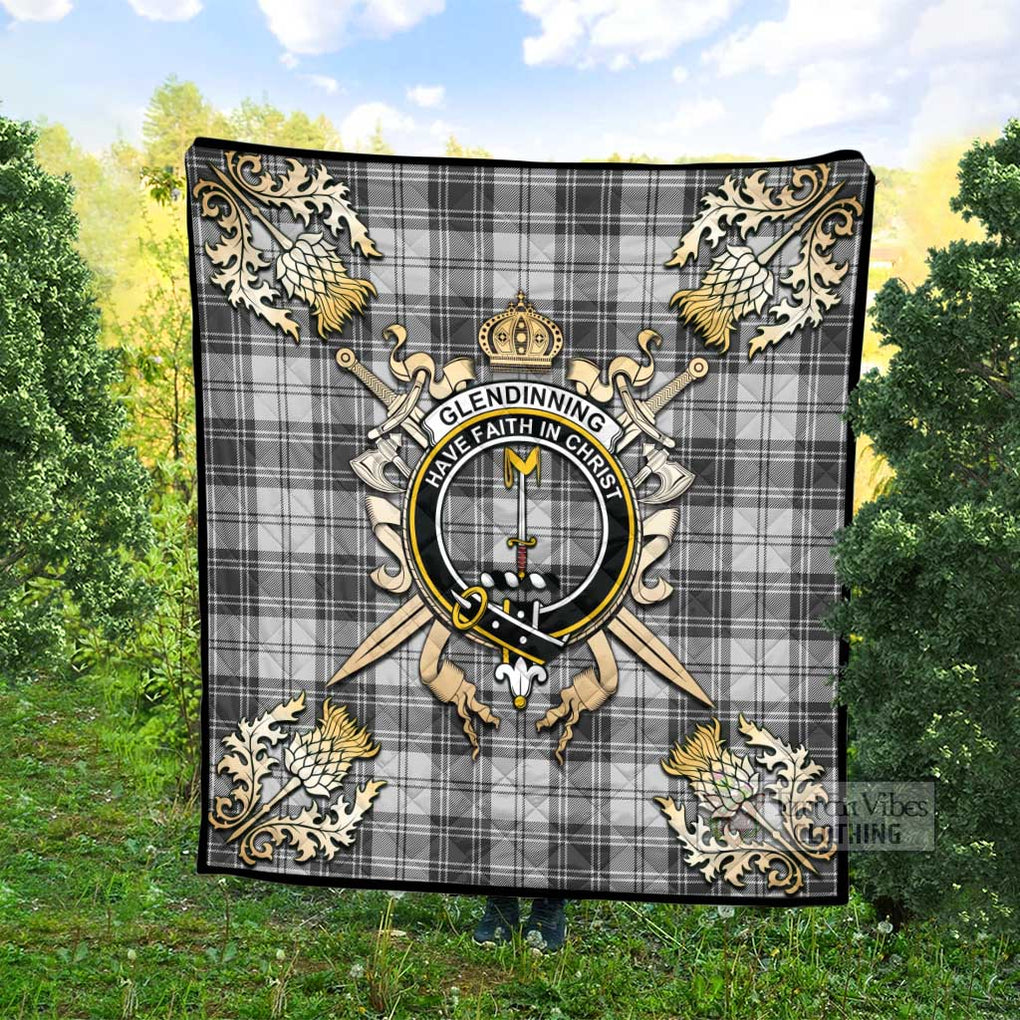 Tartan Vibes Clothing Glendinning Tartan Quilt with Family Crest and Scottish Golden Courage Shield