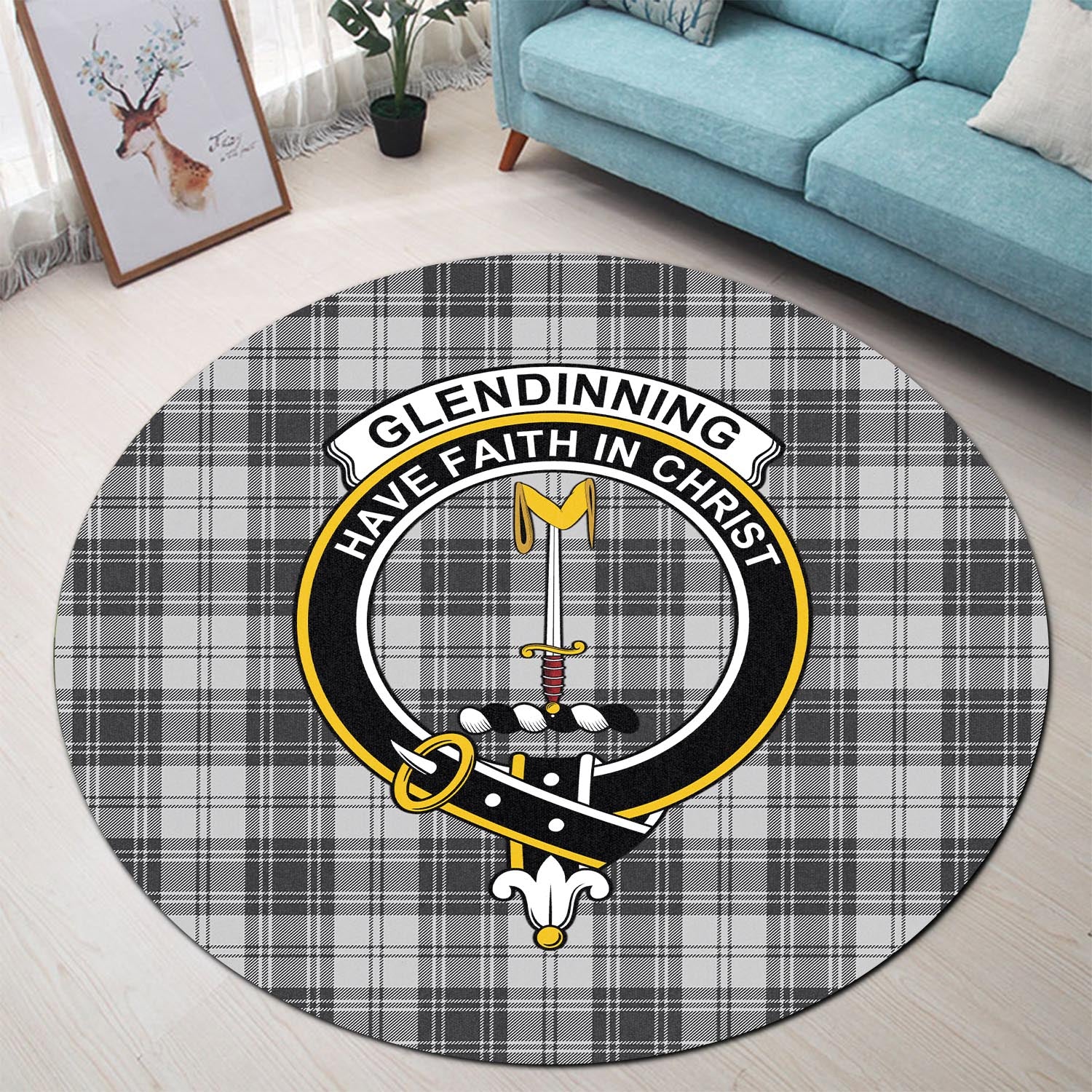 glendinning-tartan-round-rug-with-family-crest